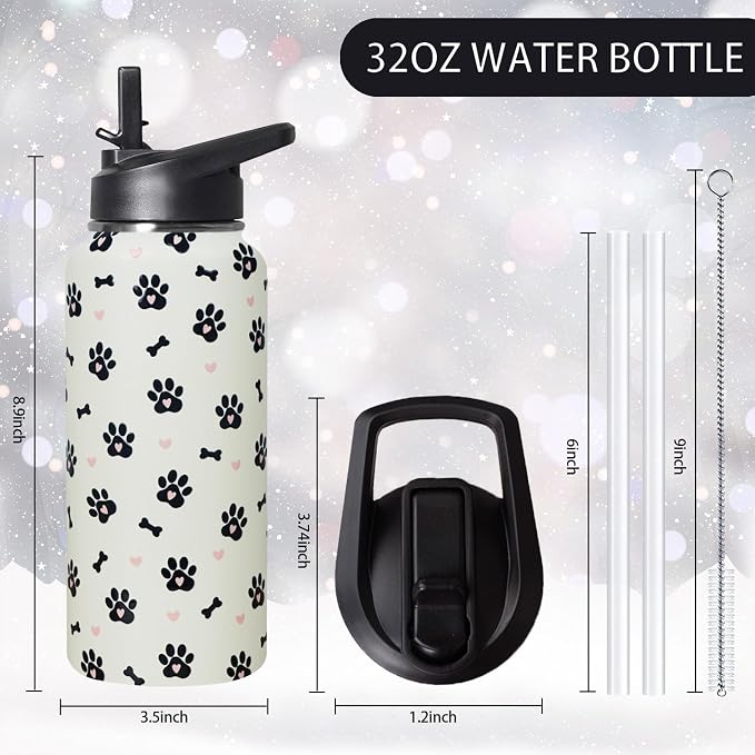 32oz Dog Paw Insulated Water Bottle with Straw, Gym Hiking Sports Coffee Mug Cup, Dog Paw Gifts for Women Decor Accessories