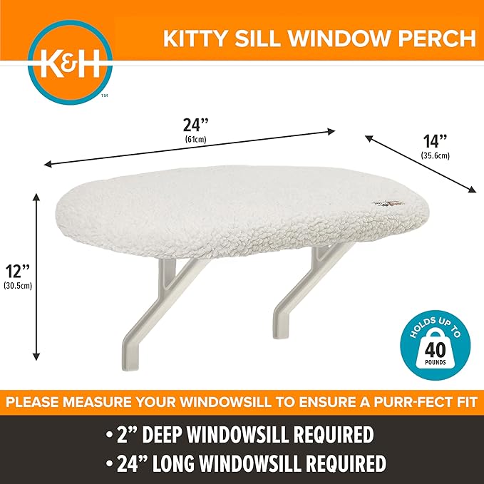 K&H Cat Window Perch, Unheated Kitty Sill, 24x14in, Fleece | Orthopedic Cat Window Hammock Bed Holds 40LBS, Washable Cover, Kitty Windowsill Bed Seat for Indoors, Cream Fleece