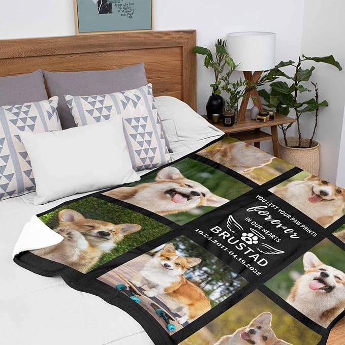 Custom Memorial Blanket for Dog, We Left Your Paw Prints Forever in Our Hearts Blanket Customized Loss of Pet Dog Photo Fleece Throw Blankets Warm Bereavement Gift for Dog Mom 40X50 Inch