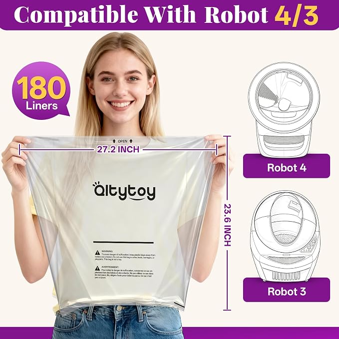 180 Pack Cat litter Bags Fit Litter Box Robot 5/4/3 Waste Bags,30LBS Heavy Duty Automatic Litter Box Liners,Transparent,Sensor-Compatible,9-11 Gallon,Leak-Proof,Replacement Cat Waste Liners