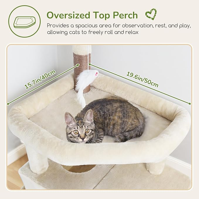 Globlazer F74B Cat Tree for Indoor Cats Large Adult, Multi-Cat, Beige | Easy Setup, 74in Tall Tower, Oversized Top Perch, 2 Large Condos, Hanging Basket, 5 Sisal Scratching Posts, Anti-Topple Strap