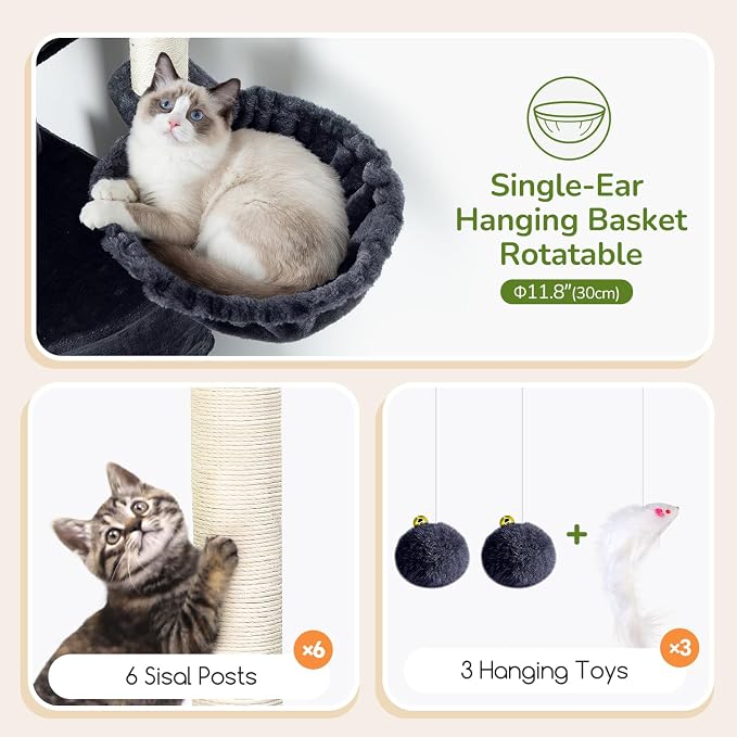Globlazer F65D Corner Cat Tree Tower with Scratching Posts, Dark Grey | 65in Multi-Level Large Cat Scratching Tower with Hammock, 6 Scratching Posts, Basket and 2 Perches for Indoor Multiple Cats