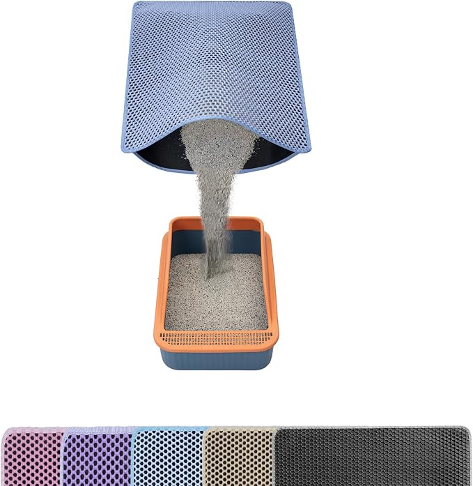 Cat Litter Mat Litter Catcher Mat 32"x22" for Floor, 2 Layer Litter Trapping Mat for Kitty, Waterproof Urine Proof Litter Box Mat, Easy Clean Litter Rug, Blue Medium