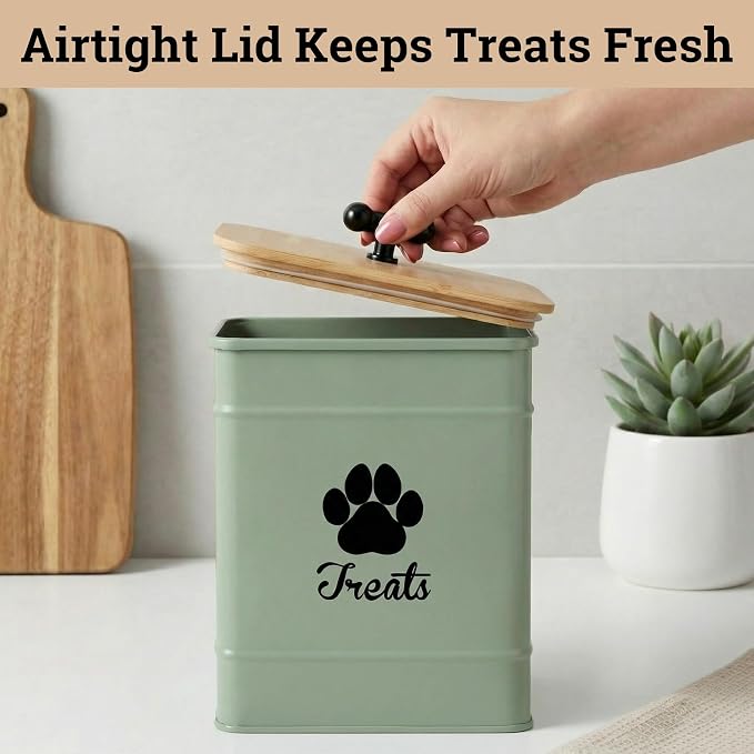 Dog Treat Container Airtight - 6 Inch Wide x 8 Inch Tall Iron Dog Treat Jar for Kitchen Counter with Airtight Bamboo Lid - 12 Cup Capacity Pet Treat Container - Doggie Cookie Jar - Big Treats Canister