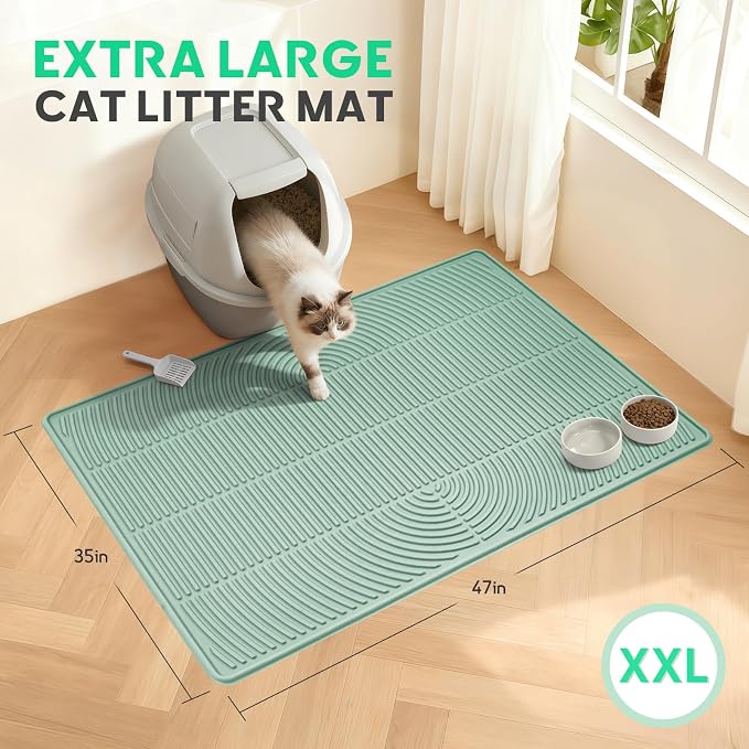 Pawtasy Cat Litter Mat,47" x 35" Extra Large Silicone Waterproof Litter Trapping Mat for Scatter Control Soft on Kitty Paws Non-Slip Easy to Clean