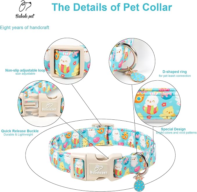 Easter Dog Collar for Large Dogs - Cute Easter Egg Hunt Dog Collars for Boy Girl Dogs, Playful Bunny & Chick Print, Lightweight Adjustable Spring Holiday Dog Collar L
