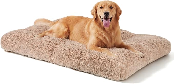 JOEJOY Large Dog Bed Crate Pad, Deluxe Plush Washable Dog Beds Fulffy Soft Kennel Pad Anti-Slip Pet Sleeping Mat for Extra Large Medium Small Dogs, 40" x 27", Beige