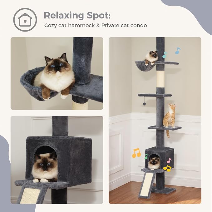 PEQULTI Floor to Ceiling Cat Tree, Adjustable 83-108in 5-Level Tower, Smoky | Tension-mounted tall cat tower with 5 levels, cozy condo, hammock & sisal scratching post; wide base for indoor adult cats