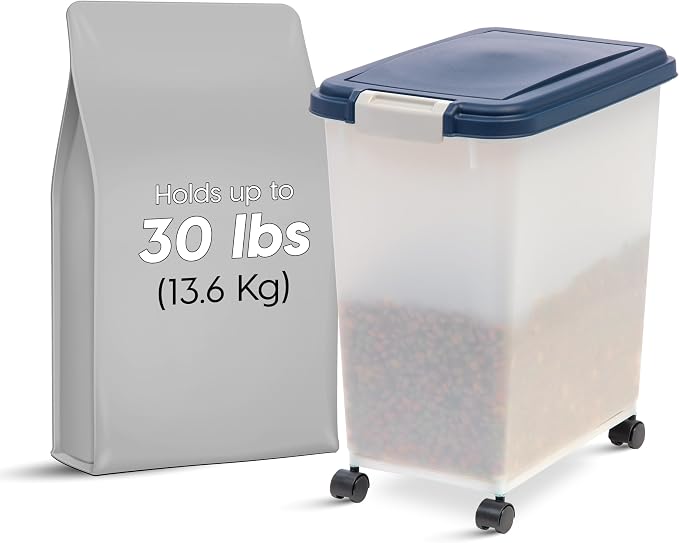 IRIS USA Dog Food Storage Container, Up to 30 lbs, Navy/Pearl, Made in USA | Wheels for Mobility, Airtight Seal, BPA-Free, Best for Bird Seed, Cat food, Cat Litter, Chicken Feed, Pellets