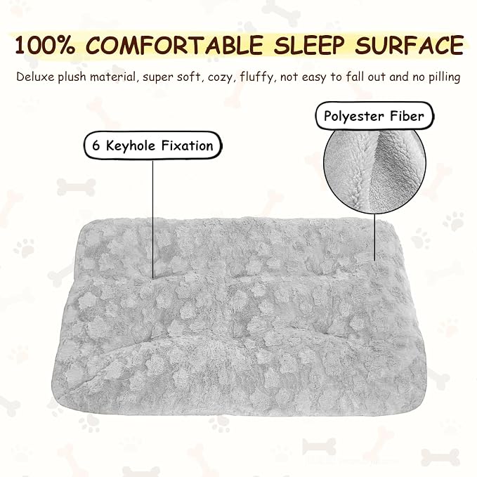 Washable Dog Bed for Small to Large Dogs, Calming Anti Anxiety Medium Dog Bed, Deluxe Plush Faux Fur Crate Beds, Comfy Fluffy Kennel Pad Pet Sleeping Mat with Non-Slip Bottom, 35"x22", Gray