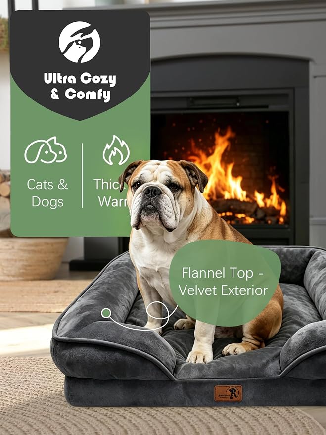 Spotted Play Orthopedic Dog Bed with Sides - Sofa Beds for Large Dogs, Supportive Foam Pet Couch Bed with Washable Removable Cover, Waterproof Lining and Non-Slip Bottom, Dark Grey - L