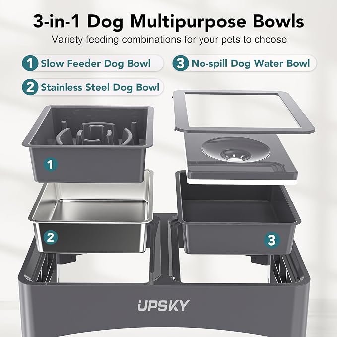 UPSKY 3-in-1 Elevated Dog Bowls Set with 4 Height Adjustable Stand, Gray | 304 Stainless Steel Bowl, No Spill Water Bowl, Slow Food Bowl, Anti-Slip, Dishwasher Safe, Suitable for Small Medium Dogs