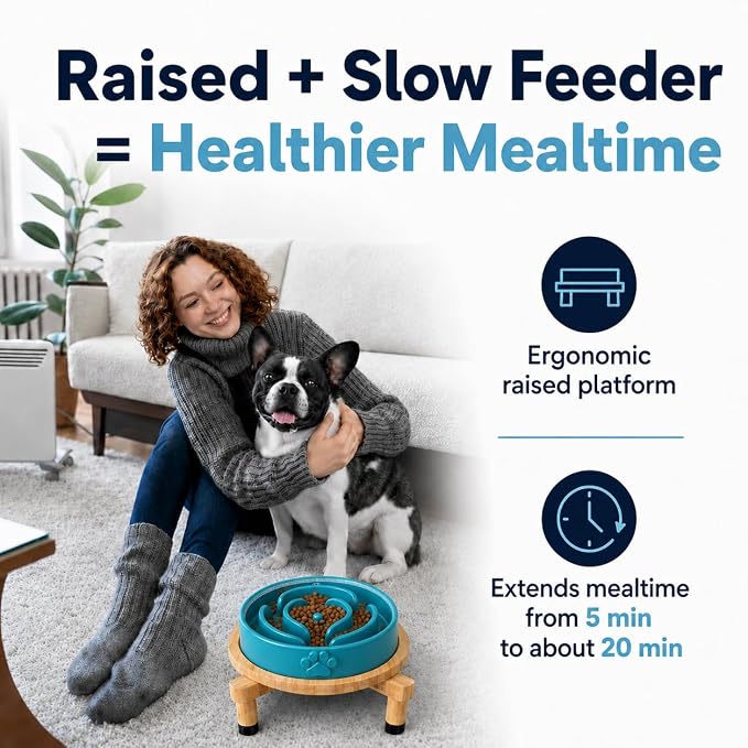 Slow Feeder Dog Bowls – Elevated Dog Bowl Slow Feeder with Bamboo Stand– Microwaveable Dog Slow Feeder for Small and Medium Dogs – Lead and BPA-Free Ceramic Pet Bowl – Pet Feeder for Fast Eaters