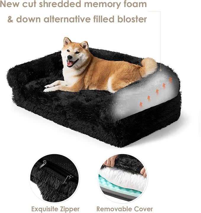 EHEYCIGA Foldable XXL Dog Bed for Large Sized Dog, 54"x38"x7.5" Faux Fur Fluffy Pet Couch Bed, Orthopedic Calming Memory Foam Big Pet Bed, Washable Pet Sofa Bed with Non-Slip Bottom, Black