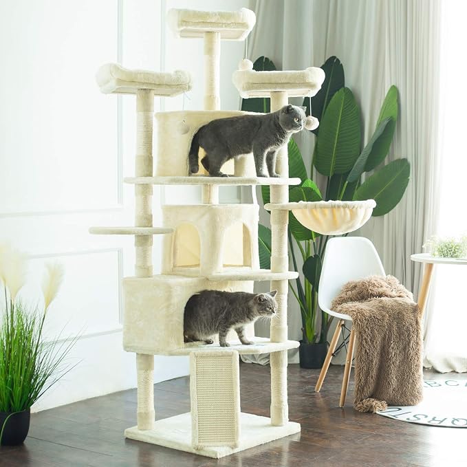 Hey-brother Cat Tree Tower with Multi-Level Large Condo, Platform, MPJ032M | 73.4 Inch Cat Tower with 3 Caves, 3 Cozy Perches, Scratching Posts, Board, Activity Center Stable for Indoor Cats, Beige