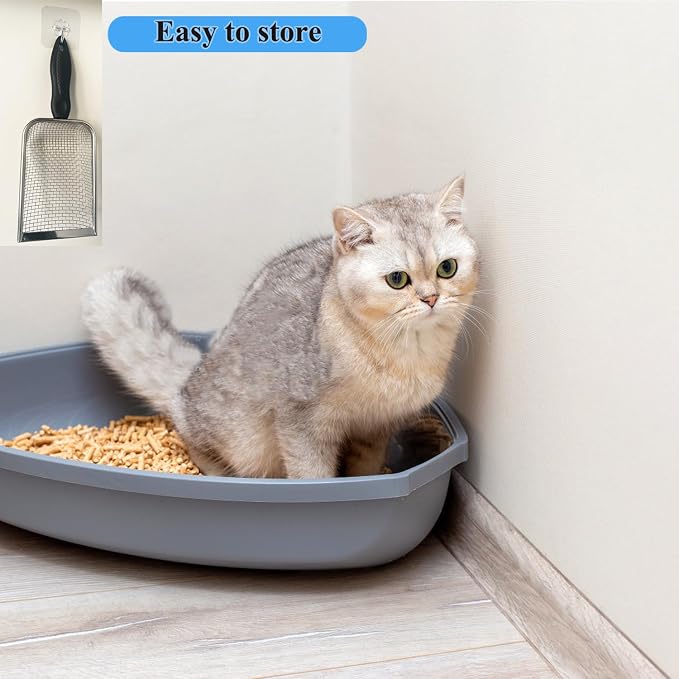 Cat Litter Scoop, Stainless Steel Cats Sturdy Mesh Scooper Kitty Metal Scooper Long Handle Scooper Shovel Sifter for All Litter Types Metal Cat Scooper for Litter Box