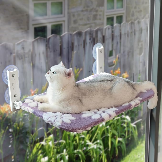 Cute Cat Window Perch, Foldable Cat Window Hammock, Purple | Cordless Window Seat Bed for Indoor Cats, 3D Textured Flower Cover, Strong Suction Cups