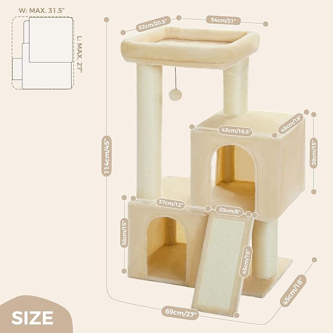 PAWZ Road Large Cat Tree, 45" Heavy Duty Cat Tower with Dual Condos, 3 Thick Full Wrapped Sisal Posts(φ4.3), Spacious Top Perch, Scratching Ramp for Large Cats,Beige