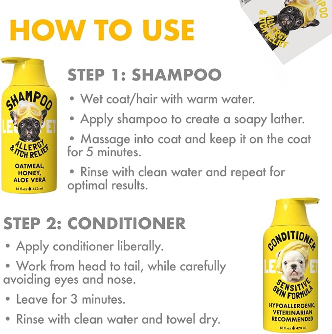 LEGITPET Oatmeal Dog Shampoo & Conditioner Set for Itchy Skin, 2 x 16 oz | Colloidal oatmeal, aloe and honey help soothe itchy, allergy-prone, dry and sensitive skin while conditioning the coat.