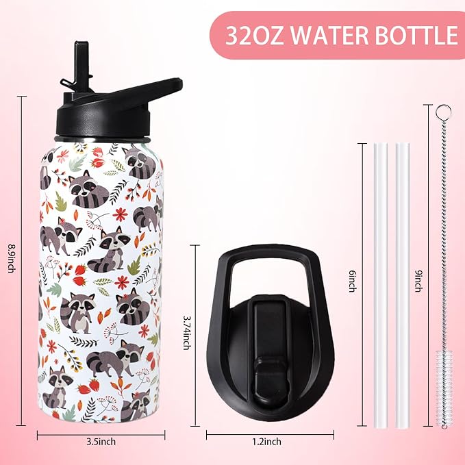 32oz Racoon Stainless Insulated Aater Water Bottle with Straw,Racoon Gym Hiking Sports Coffee Mug Cup Water Bottles,Racoon Gifts for Women,Racoon Decor Stuff Accessories
