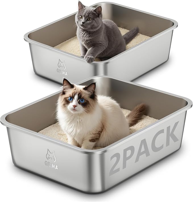 Qiuma 2 Packs Stainless Steel Cat Litter Box, 17.6" L×13.6" W×5.9" H, Metal Kitty Litter Box with High Sided for Small Cats, Non-Stick, Easy to Clean, Odor-Free