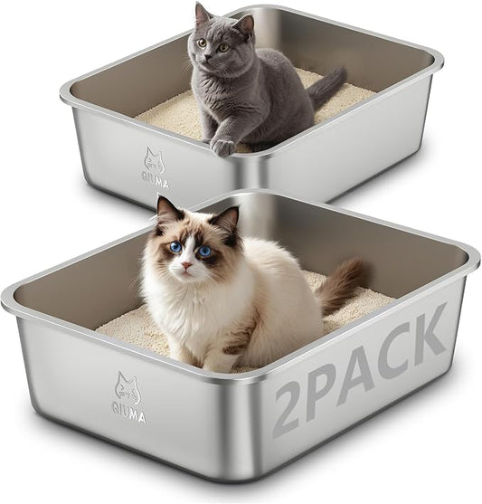 Qiuma 2 Packs Stainless Steel Cat Litter Box, 17.6" L×13.6" W×5.9" H, Metal Kitty Litter Box with High Sided for Small Cats, Non-Stick, Easy to Clean, Odor-Free