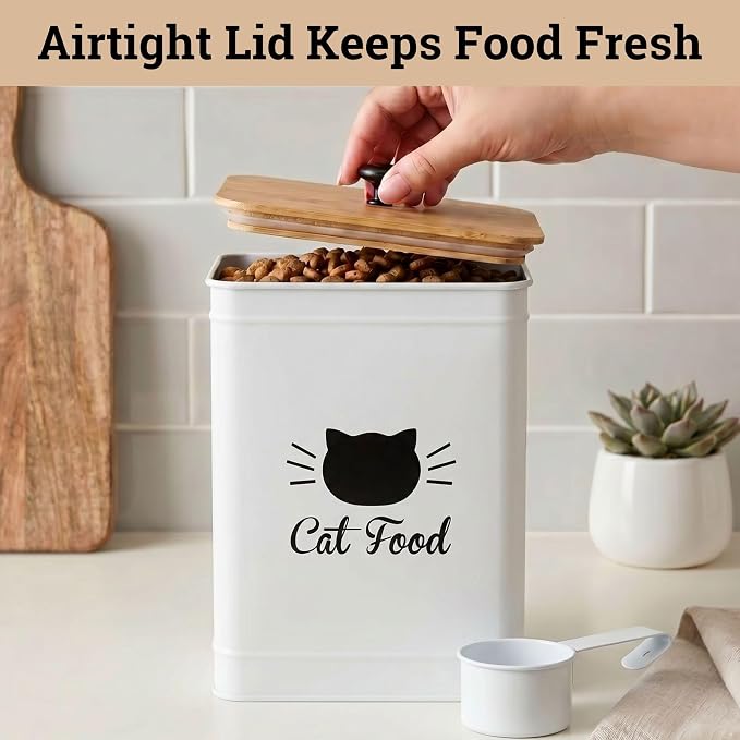 Metal Cat Food Container with Scoop 5-7 lb (25 Cup), w/ Airtight Bamboo Lid | Cat Kibble Canister with Metal Scoop, 25 Cups, Chew Proof Iron Body, Powder Coated, Airtight Bamboo Lid, Sturdy Metal Handle