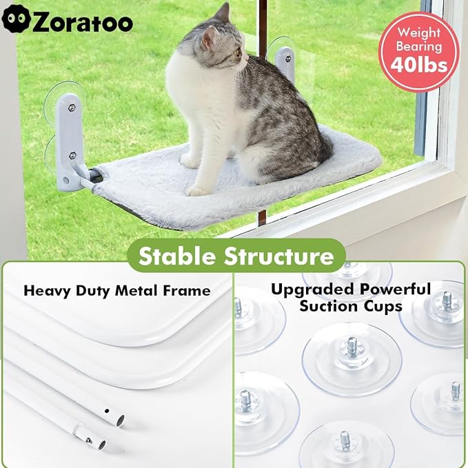 Zoratoo 2PC Cat Window Perch, Foldable & Cordless with Metal Frame, L Gray | 2-in-1 Reversible Cover, Removable for Machine Wash, Stable Window Resting Seat with Large Suction Cups for Indoor Cats