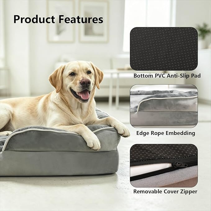 Memory Foam Large Dog Beds Removable Washable Cover Dog Couch with Non-Slip Bottom Large Cat Bed for Indoor Use 3-Sided Headrest Design for Neck and Head Support (Large)