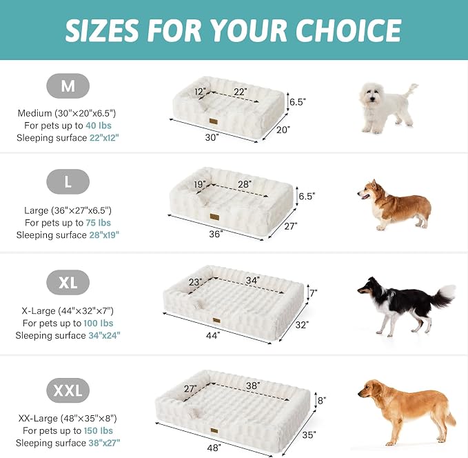 COZY KISS Orthopedic Dog Bed for Extra Large Dog 44x32 inch, XL Faux Fur Pet Sofa, Bolster Foam Bed with Sides, Non-Slip and Egg-Crate Big Dog Couch Bed with Washable Removable Cover, Beige