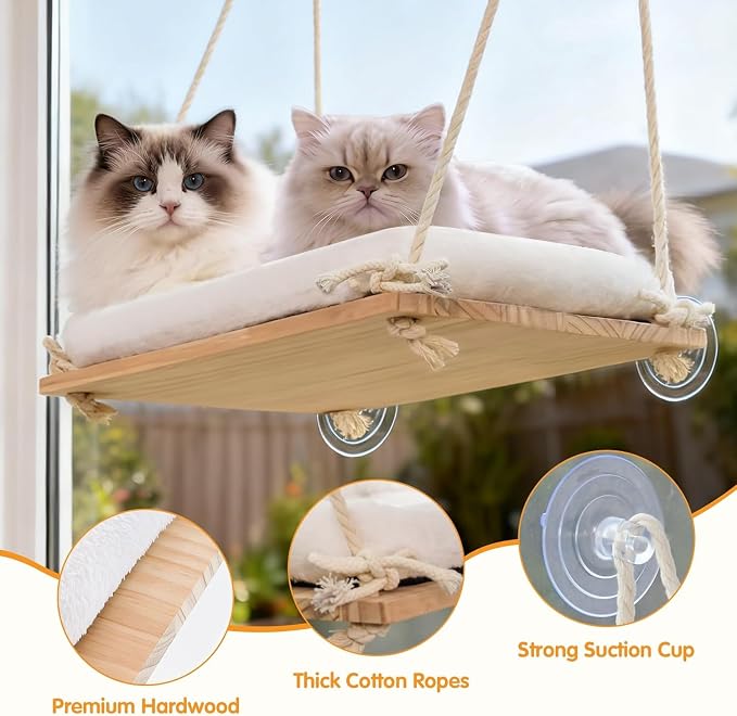Large Cat Window Perch Hammock, Solid Wood Seat & Plush Cushion | 4 heavy-duty suction cups, sturdy wooden perch for XL & large cats, comfortable indoor window cat bed & hammock