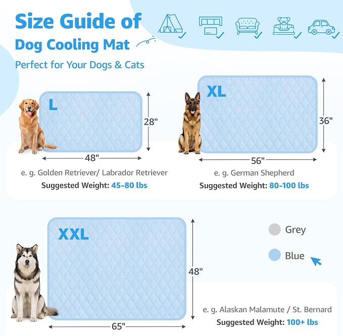 LOOBANI Dog Cooling Mat for Giant Large Dogs 65"x48"- Cooling Pad for Dog, Cool Blanket for Dogs Machine Washable, Pet Cool Mat for Indoor, Outdoor, Couches, Crates, Car Seats for Trips(Blue, 65"x48")