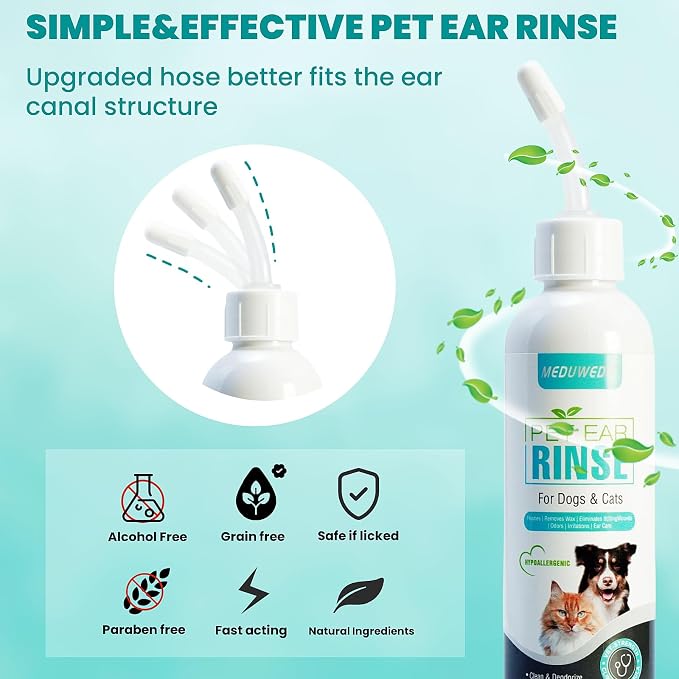 MEDUWEDU Dog Ear Cleaner, Dog Ear Care Liquid, Dog and Cat Ear Cleaner to Eliminates Ear Odour, Dirt and Debris Pet Ear Cleaner Solution,Remove Wax, Dirt & Stop Smelly, Itchy, Non-Irritating, 4 Fl oz