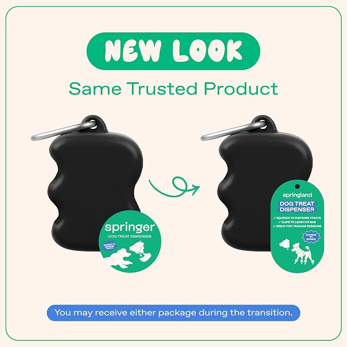 Springland Silicone Dog Training Treat Pouch for Leash, Black | One-hand squeeze dispenser, food-grade silicone, BPA-free, carabiner included, easy-fill holder for rewards on the go