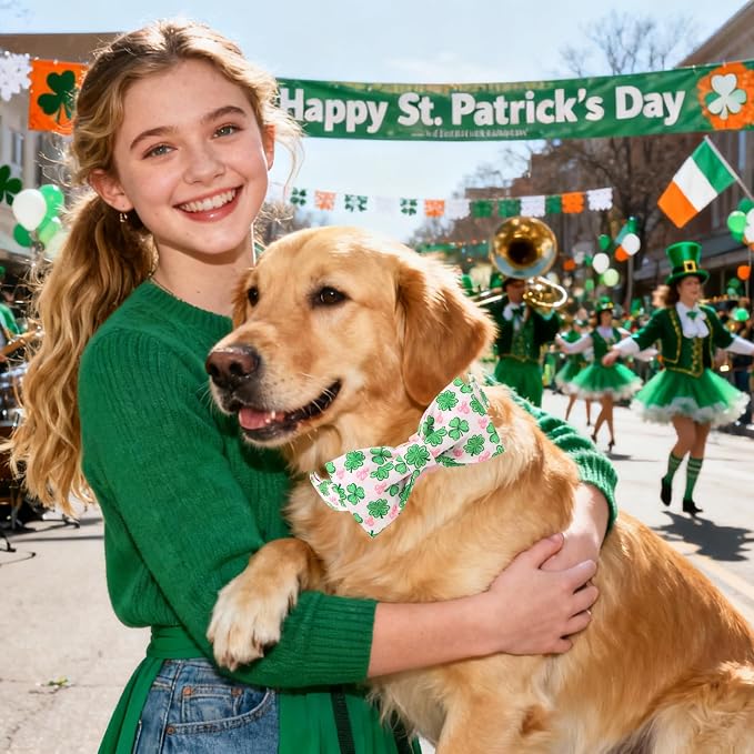 DOGWONG St. Patrick's Day Shamrock Dog Collar with Bow,Pink Green Four Leaf Clover Pattern Dog Collar, Adjustable Durable Soft Collars Irish Gift for Male Female Dogs,L