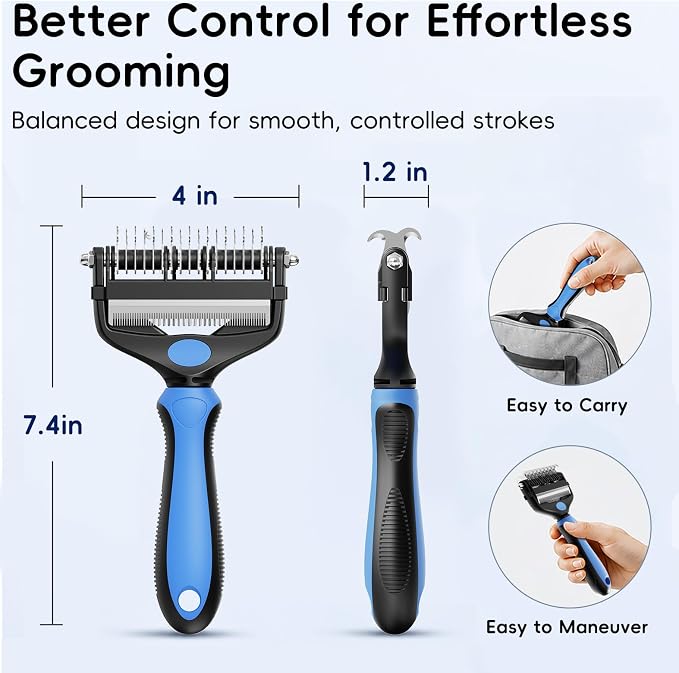 3-in-1 Professional Pet Grooming Brush for Dogs & Cats – Dematting Comb, Undercoat Rake & Deshedding Tool for Long & Short Hair, Heavy Shedding & Matted Fur (Blue)