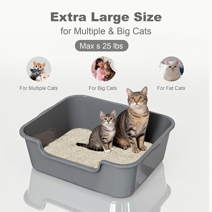 Extra Large Cat Litter Box (ABS Material), Low Entry High Sides Senior Litter Pen for Geriatric Kitty Big Cats, Jumbo Litter Boxes Tray for Multi Cat Indoor Pets Potty (Gray, 24" L x 20" W x13)