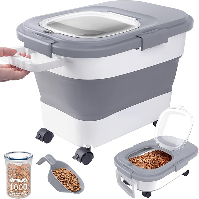 15-23Lbs Airtight Dog Food Storage Container,Collapsible Dog Food Container | Cat Food Container with Double Airtight Seal & Magnetic Lid,Large Pet Food Storage Container Wheels & Handle for Easy Moving