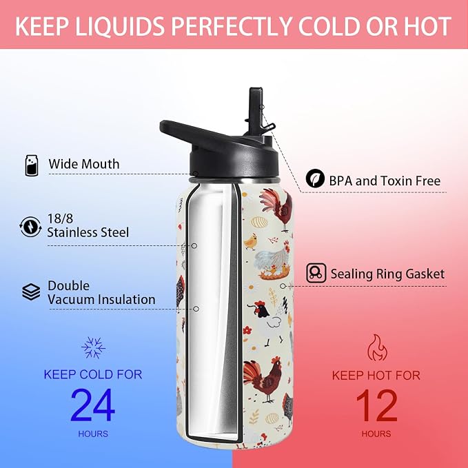 32oz Chicken Stainless Insulated Aater Water Bottle with Straw Gym Hiking Sports Coffee Mug Cup Water Bottles,Chicken Gifts for Women,Chicken Decor Stuff Accessories