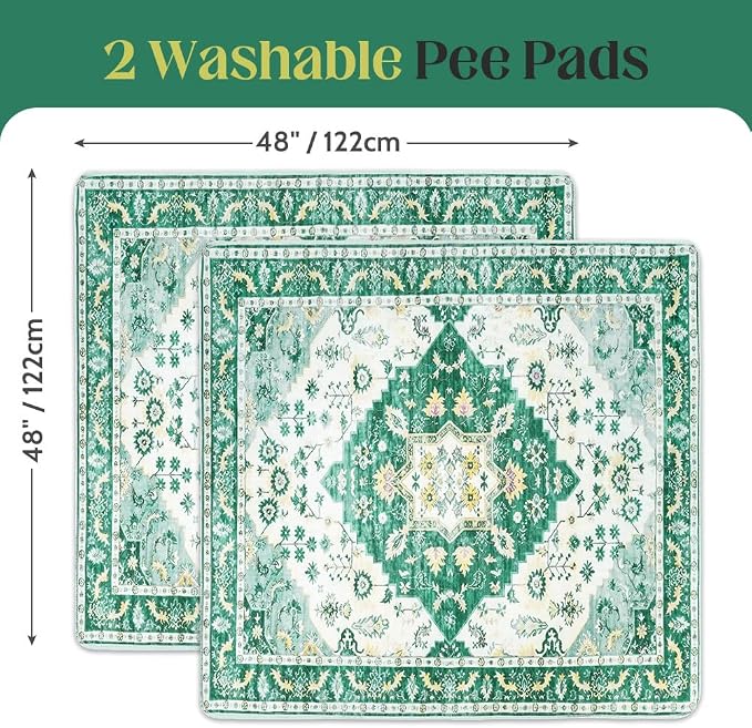 Washable Pee Pads for Dogs, 2 Pack Reusable Puppy Training Pads 48"x48" Super Absorbent Waterproof Dog Training Pads, Non-Slip Potty Pads, Whelping Pads Litter Mat Green Medallion