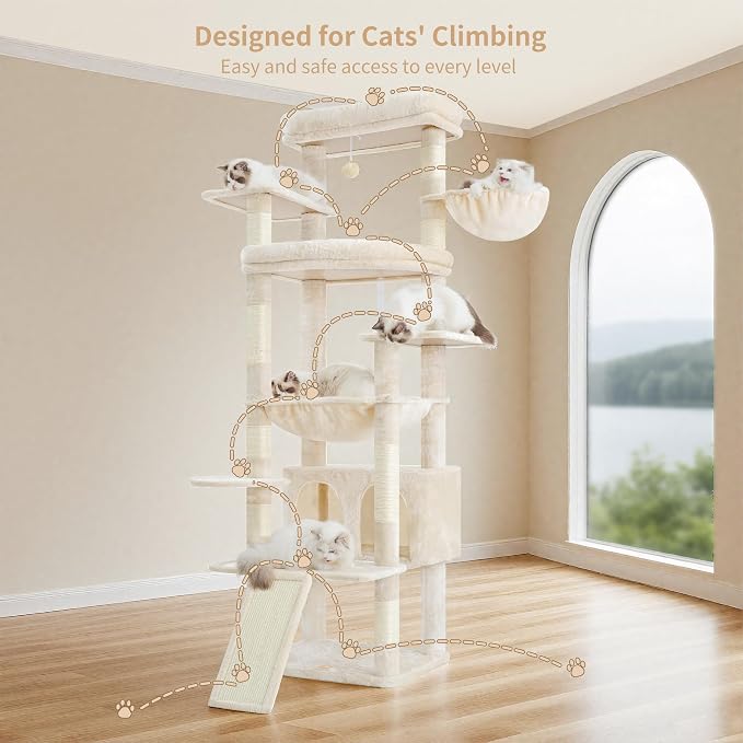 Heybly Tall Cat Tree for Large Cat, 80-inch Multi-Level Cat Tower HCT038M | Condo Furniture for Indoor Cats with Large Baseboard, 2 Widened Plush Perches, Scratching Board, Big Caves, Beige