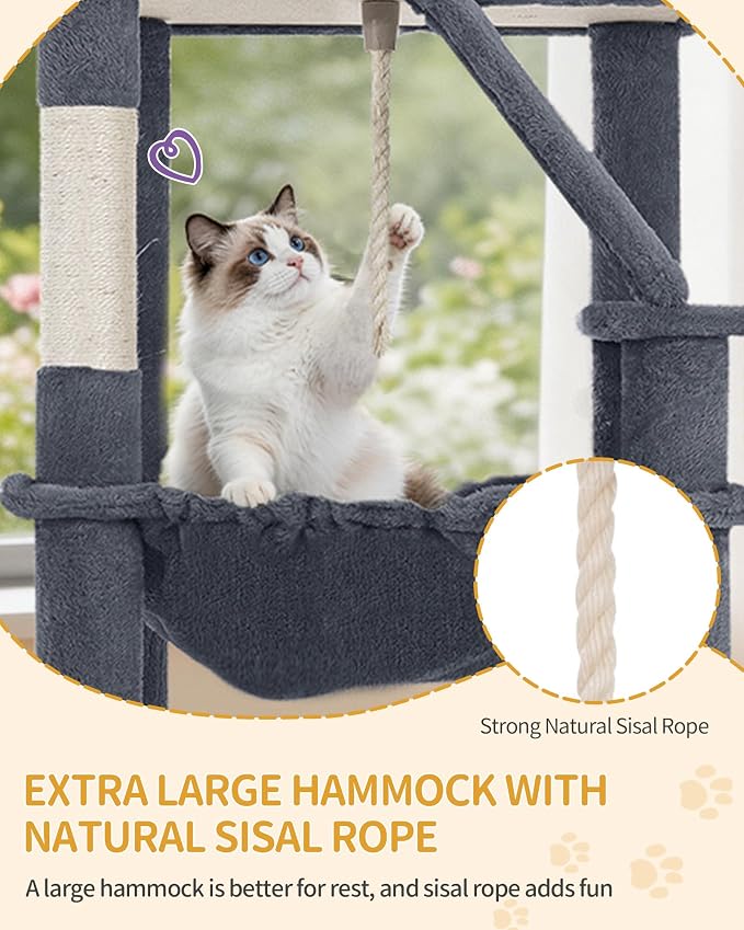 Hzuaneri Large Cat Tree, 72 Inch Tall Multi-Level Cat Tower for Indoor Cats | Cat Condo Furniture with 6 with Sisal Scratching Posts, 2 Large Platforms, 2 Cats House, Hanging Basket, Dark Gray MS18318SG