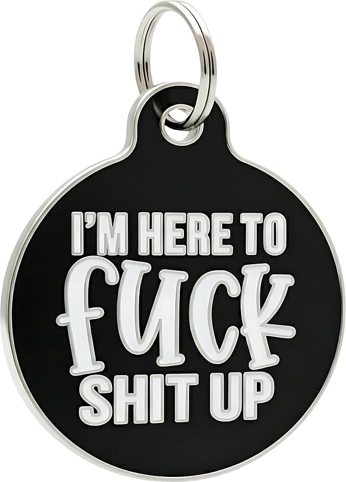 Bad Tags Personalized Dog and Cat ID Tags in 25+ Designs and 2 Sizes - 5 Lines of Custom Engraved Text - Funny Cute Personalized Pet Tags (I'm Here to F*ck Sh*t Up, Large (1.25 inch))