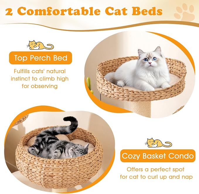 41 Inch Modern Cat Tree for Indoor Cats, Multi-Level Cute Cat Tree with Scratching Posts, Hand-Made Wicker Cat Condo & Top Perch, Dangling Ball, and Sisal Rope, Beige