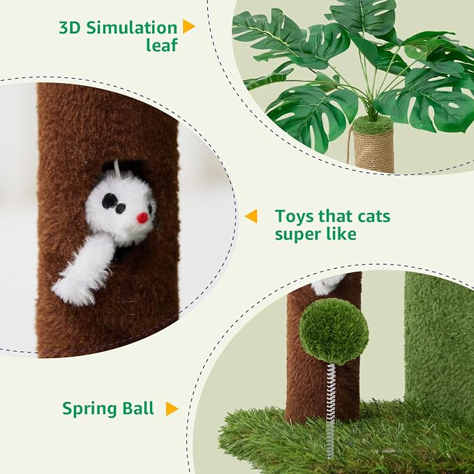WOOCHPET Palm Tree Cat Tree 37 Inch Scratching Post Tower Tropical Jungle Playground with Natural Jute Sisal Rope Cozy Plush Hammock Private Cave Condo Toy Mouse Stable Faux Grass Base