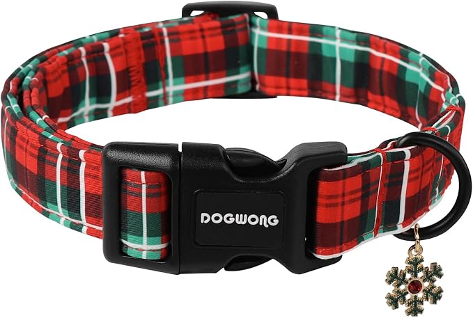 DOGWONG Christmas Plaid Dog Collar- Cute Red Christmas Checked Dog Collars for Small Medium Large Dogs L