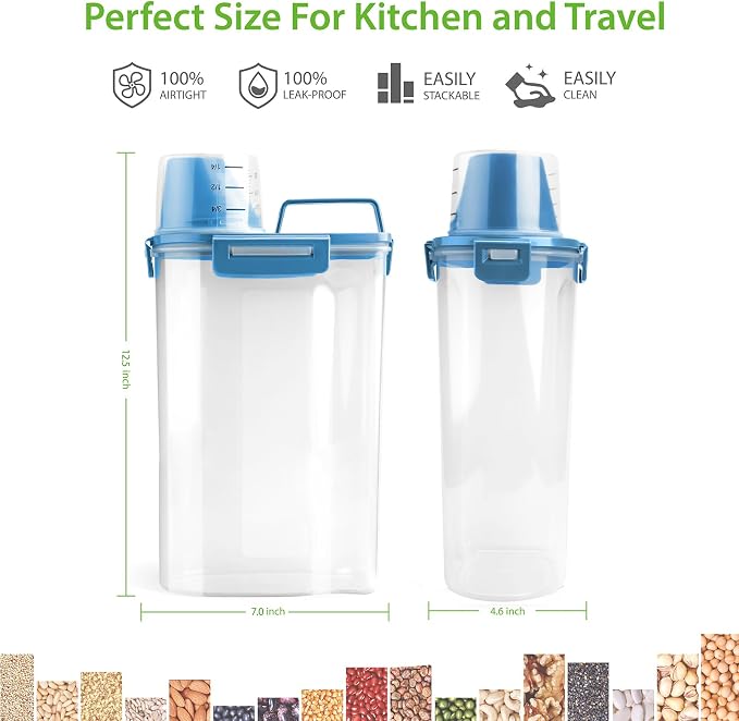 Viretec Rice Airtight Storage Container, 3 to 5Lbs Cereal Dry Food Flour Bin, Pet Dog Cat Food Dispenser with Measuring Cup, BPA Free Clear Plastic Kitchen and Pantry Organization Bin for Sugar, Pasta