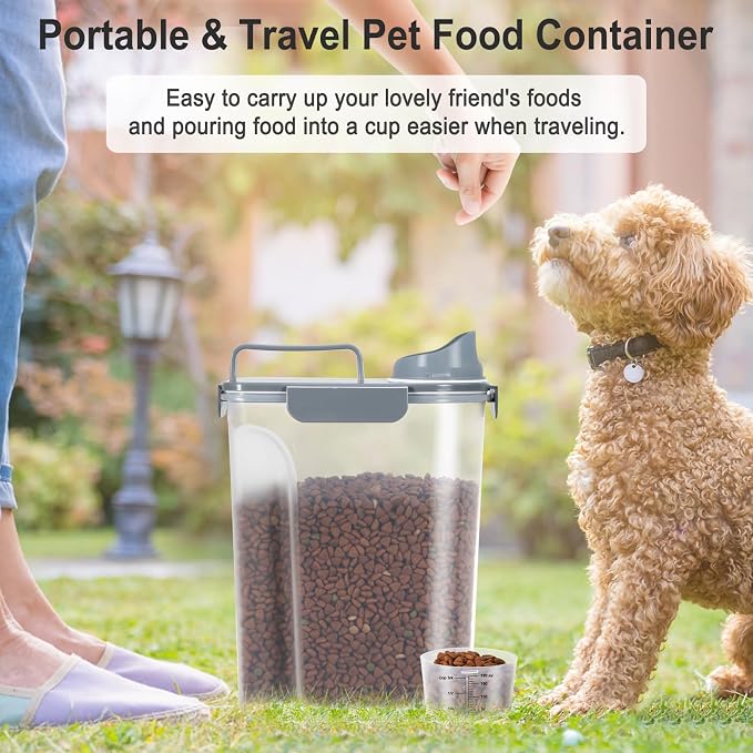 Dog Cat Food Storage Container with Cup (Dark Gray, 5L) | Pet Food Pourable Container Airtight with Large Spout, BPA-Free Plastic Food Dispenser for Pet Food, Bird Seed, Rice, Flour