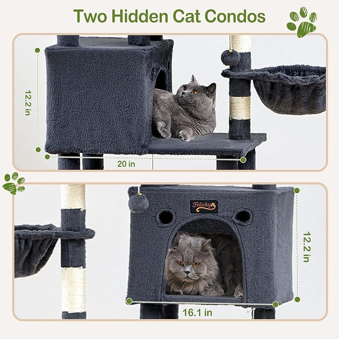 74in Cat Tree Tower for Indoor Cats, Multi-Level Design Dark Gray | 2 Roomy Condos, 2 Cozy Baskets, 2 Padded Perches, 9 Sisal Scratching Posts, Hammock, Hanging Toys, Wide Base, Easy Assembly