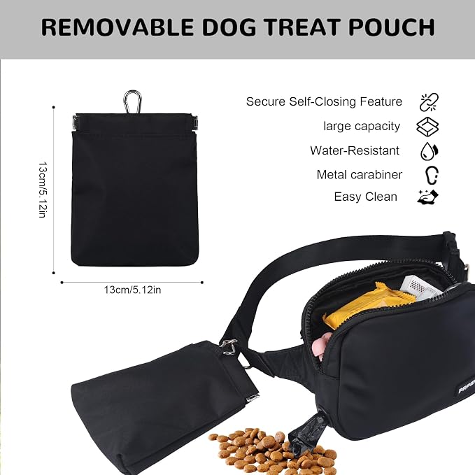 Prpeko Dog Treat Pouch Fanny Pack,Treat Pouches for Pet Training with Removable Snack Pouch,Pet Waist Belt with Poop Bag Dispenser,Dog Walking Training Bag (Black)